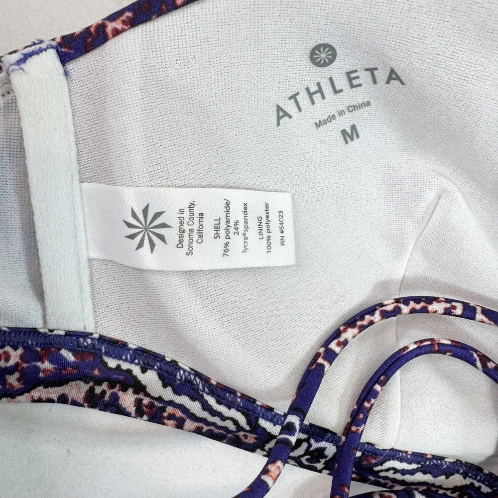 Athleta Bikini Top Womens Medium Purple Blue Strappy Back Padded Print Swimwear - Picture 5 of 8